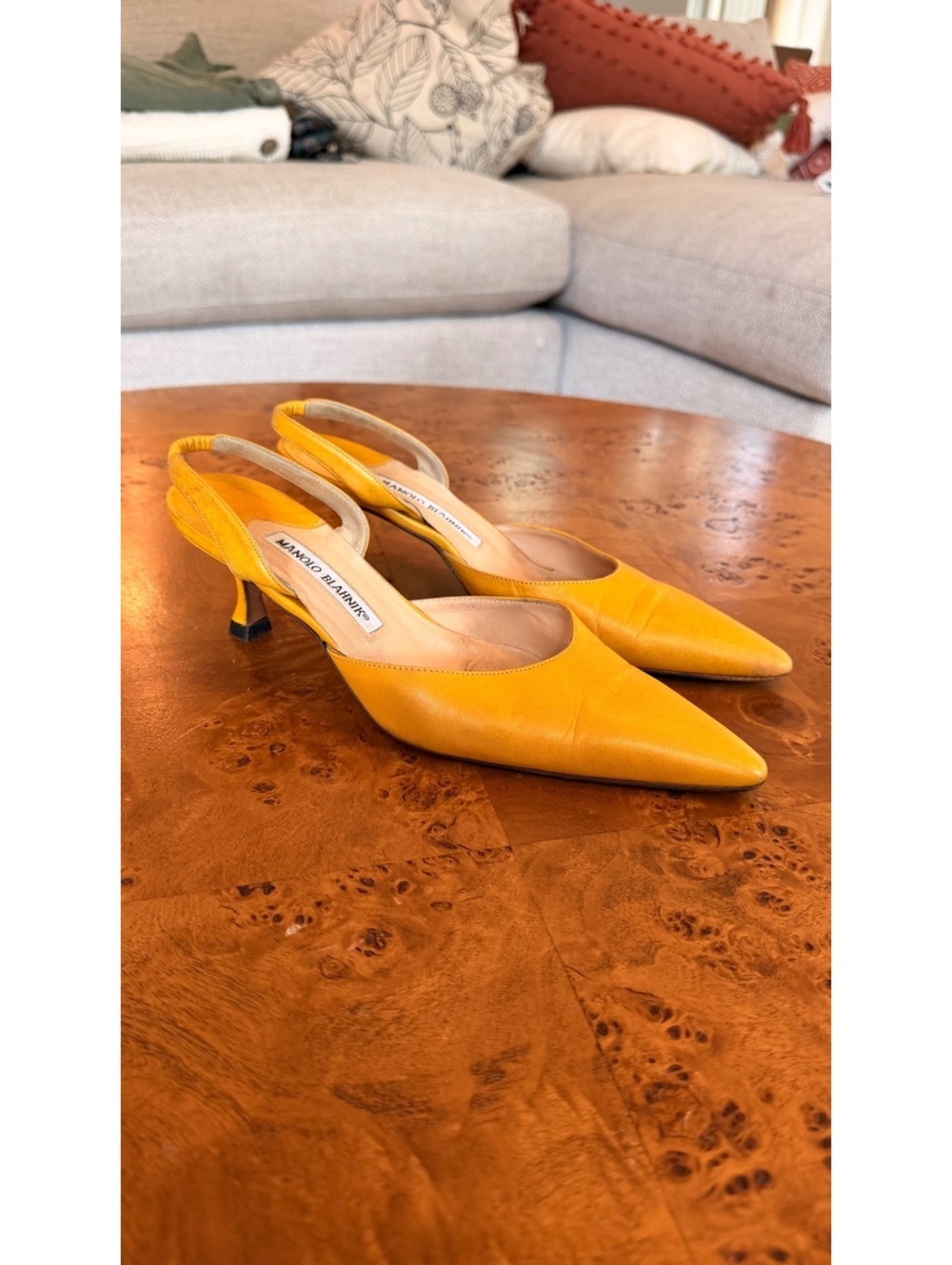 Manolo Blahnik Yellow Leather Slingback Kitten Heels